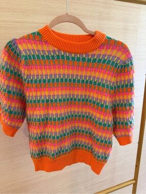 THML Orange Multicolor Check Knit Crewneck Sweater